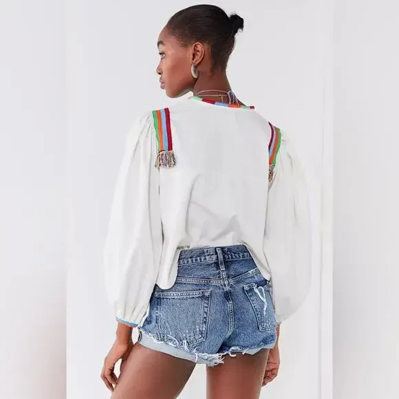 Urban Outfitters Peasant Top Bohemian Tribal Festival Ballon Sleeve Cropped M - Picture 2 of 10
